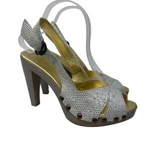 Cynthia Vincent Peeptoe Pump Heels Womens Sz 8.5 Silver Snakeskin Suede Gray